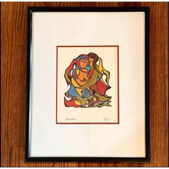 “Devotion” by Daphine Odjig Signed Print. Framed. Double Matted black metal fra